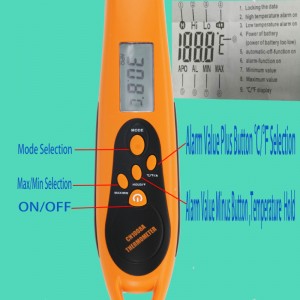 Форма за кълвач Висока / Ниска температура Сигнализация за аларма Високопроизводителен асептичен термометър за храна със сгъната сонда